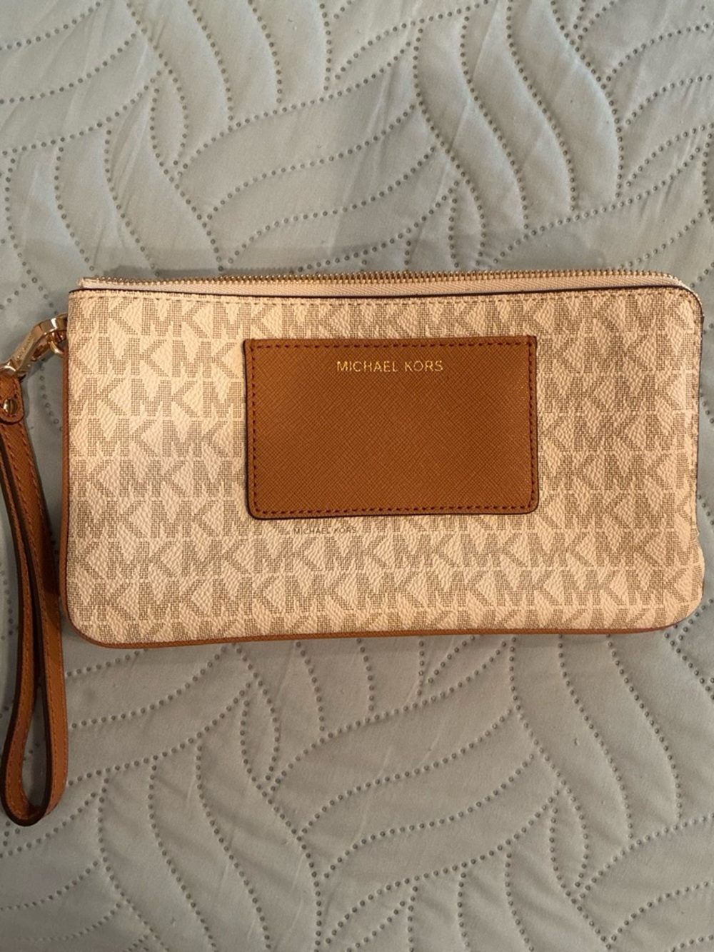 Michael Kors Beige Monogram Wristlet with Brown Leather Trim